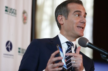 Los Angeles Mayor Eric Garcetti speaks at a press conference at City Hall announcing the launch of the ShakeAlertLA mobile application.