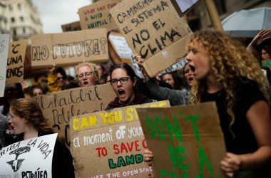Young Spanish climate activists take part in a demonstration in Barcelona, Spain, on May 24th, 2019, as part of global protests demanding action against global warming.