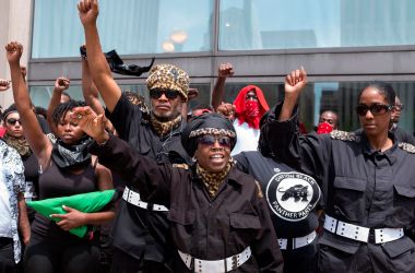 Members of the Dayton chapter of the Black Panthers protest against a small group from the KKK-affiliated Honorable Sacred Knights during a rally in Dayton, Ohio, on May 25th, 2019.